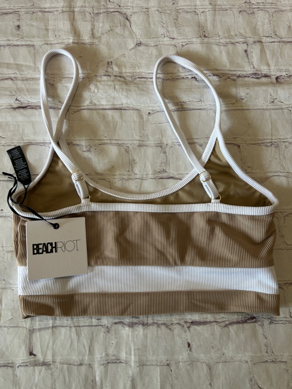 Beach Riot NWT Eva Ribbed Sports Bra / Bikini Top Tan White Colorblock Large - Picture 6 of 8